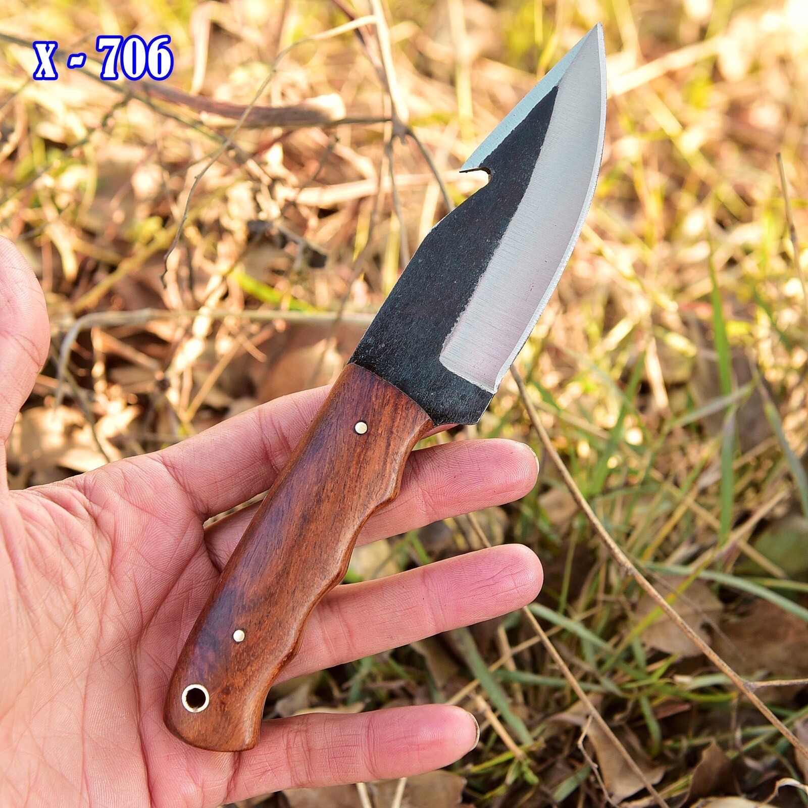 Carbon Steel Fixed Blade Gut Hook Knife 8”Full Tang Knife Wooden Handle w/Sheath