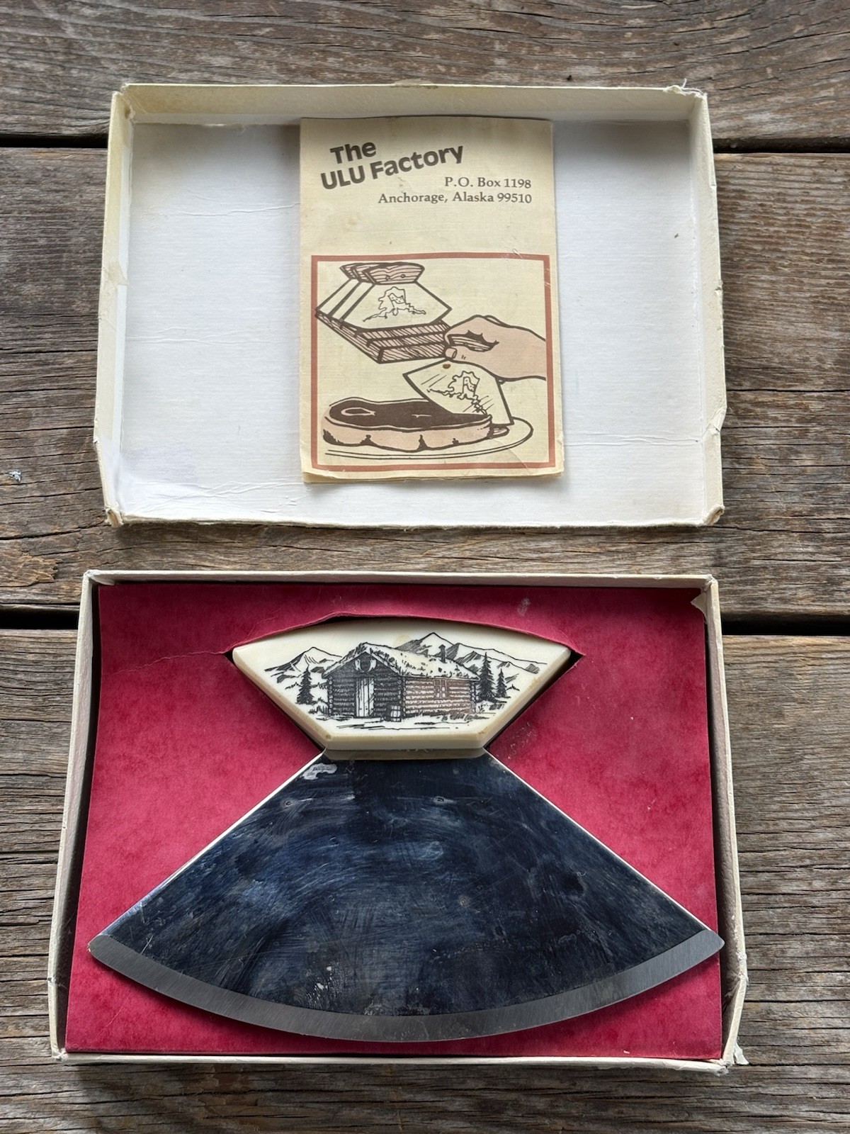 The Alaska Ulu Engraved Bone Handled Knife W~Display Stand~Box~Small Leaflet Vtg