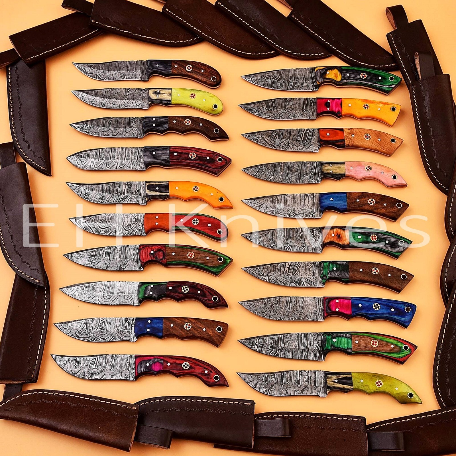 LOT OF 20 CUSTOM FORGED DAMASCUS STEEL FULL TANG HUNTING SKINNER KNIFE W/SHEATH