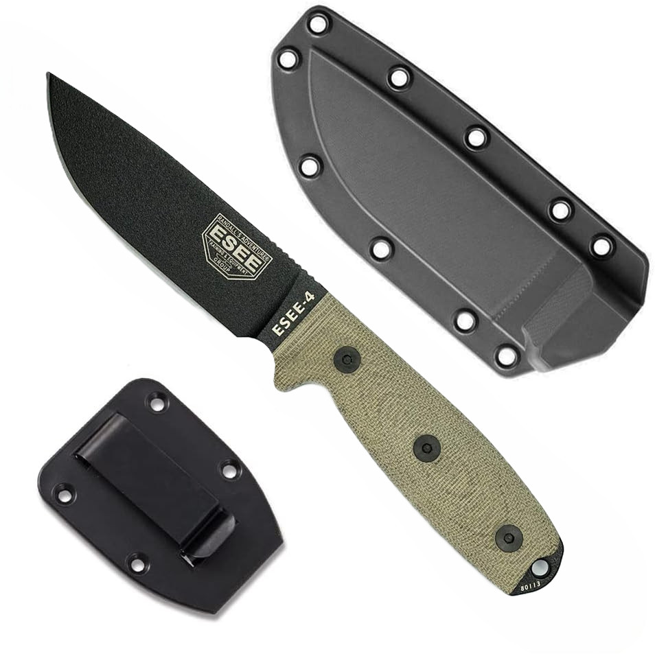 ESEE-4 3D Green Canvas Micarta Handle Black 1095 Fixed Blade