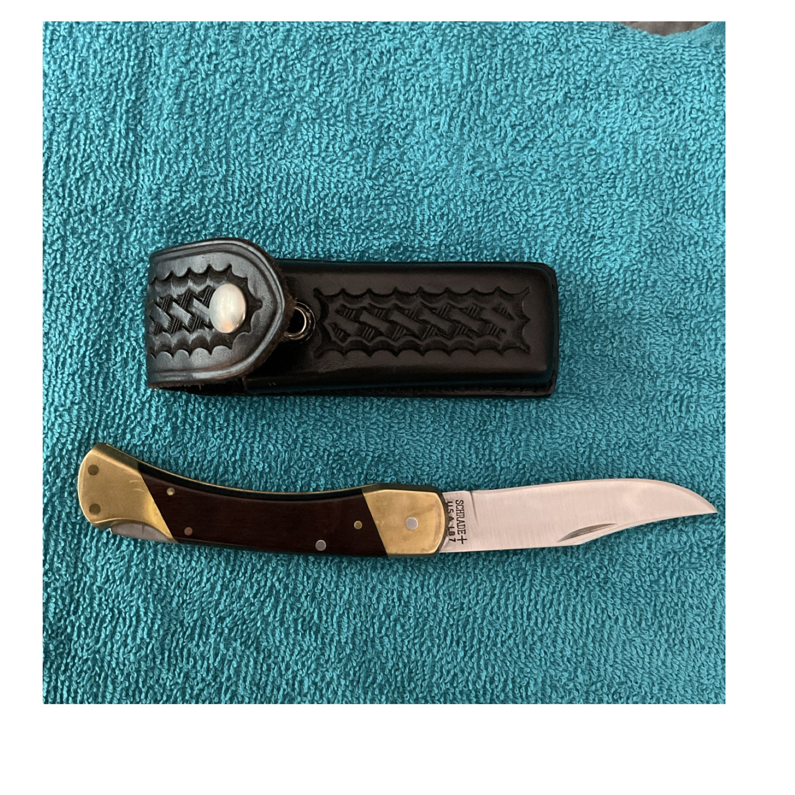 Schrade Folding Knife Straight Edge Stainless Steel Wood Metal Handle Sheath