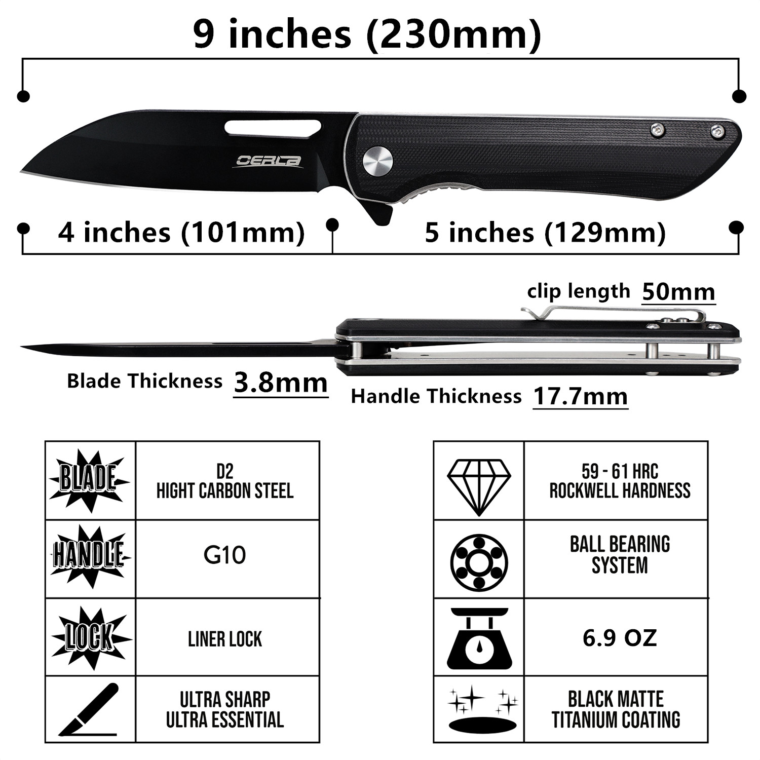 Oerla Pocket Folding Knife Medium Size D2 High Carbon Steel Flipper Knives