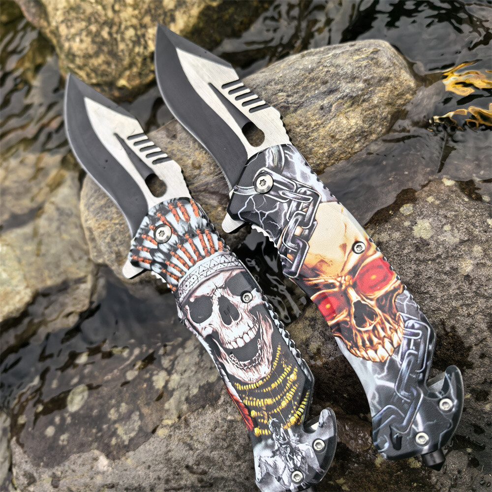 2 Counts Skull Spring Asistant Folding Pocket Knife Blade for Outdoor Camping