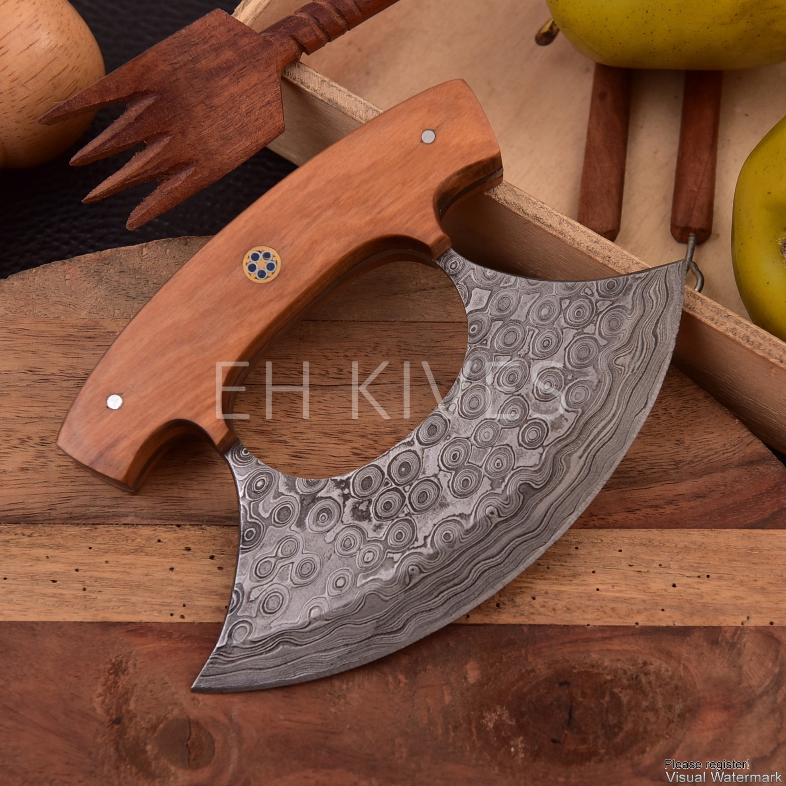 Handmade Damascus Steel Ulu Vintage Alaskan Kitchen Chef Knife with Sheath