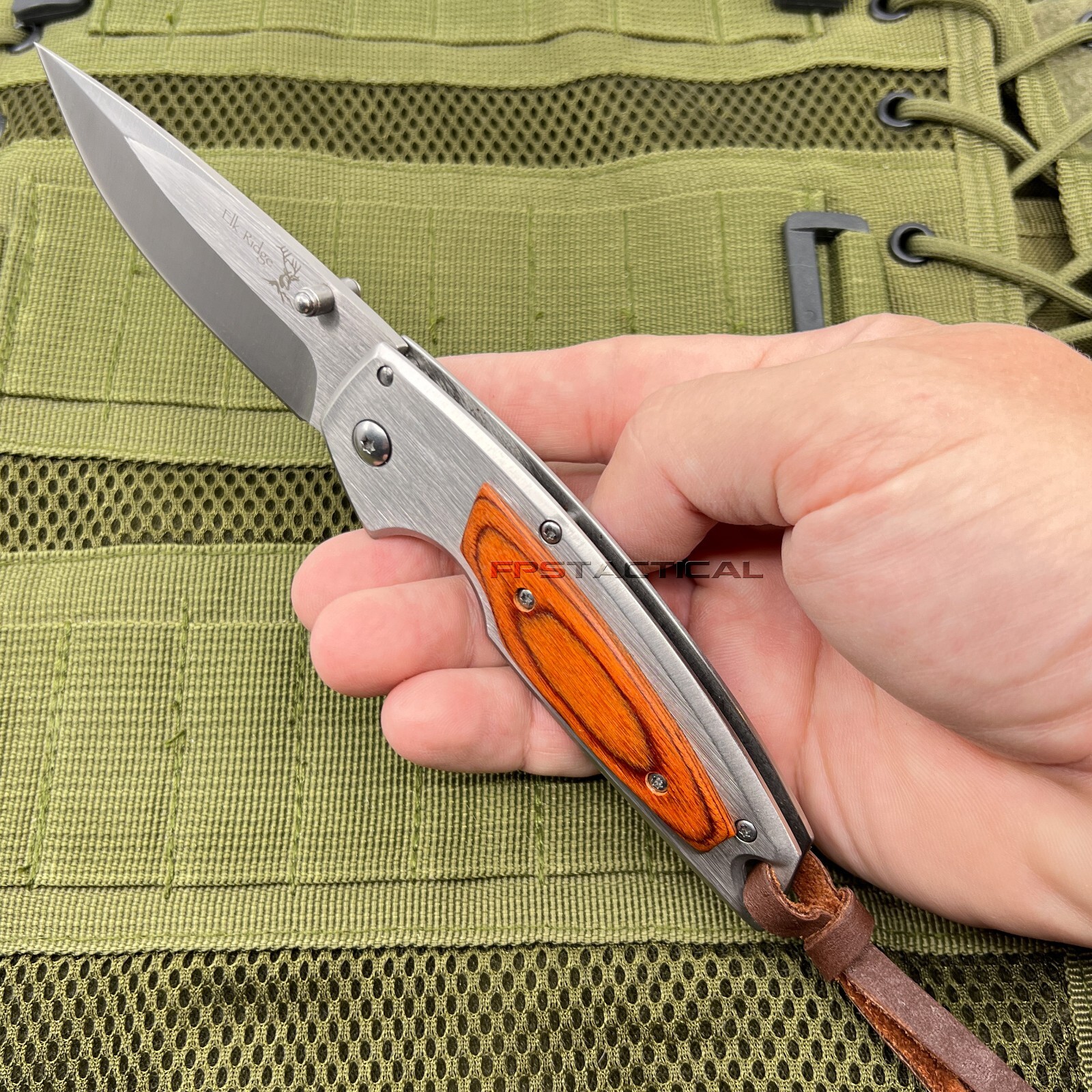 Elk Ridge Brushed Silver Manual Folding Pocket Knife w Redwood Overlay 3.5″
