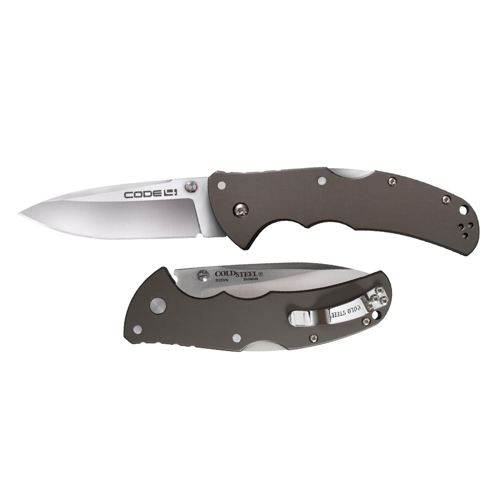 Code 4 3.5″ S35VN Razor-Sharp Spear Point Blade 5″ 6061 3.5″, Grey