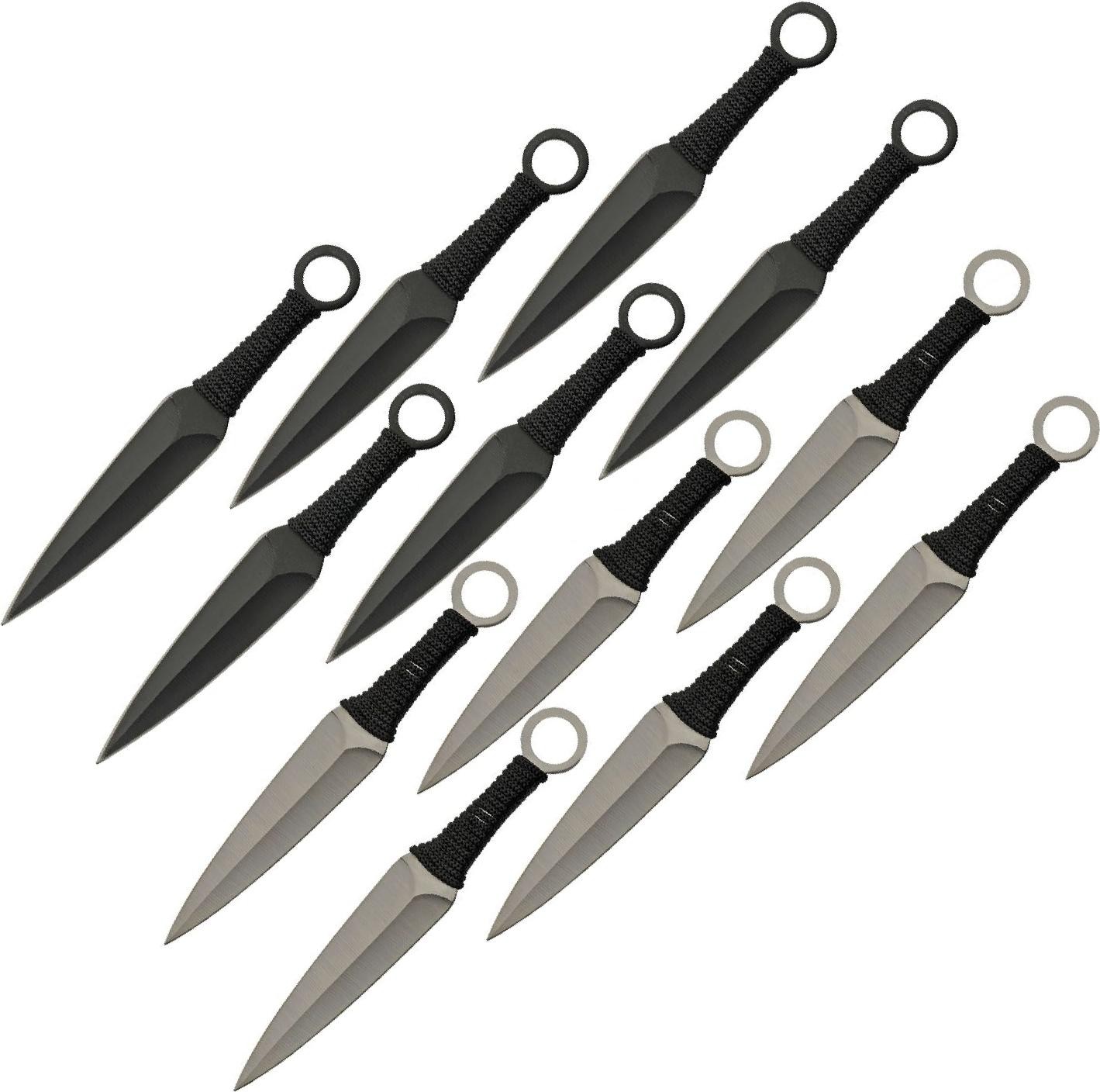 Kunai Throwing Knife Set 12-Pc Stainless Steel 6in Overall Black/Silver + Sheath