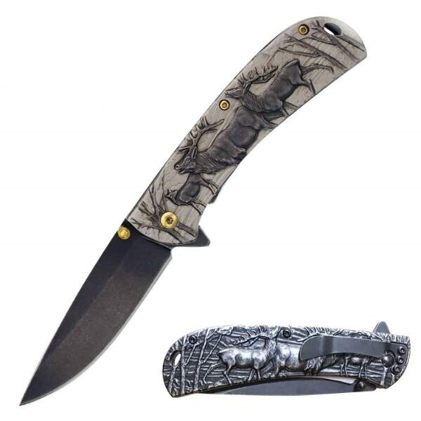 8″DARK FANTASY BLADES DEER PRINTED SPRING ASSISTED METAL FOLDING KNIFE STONEWASH