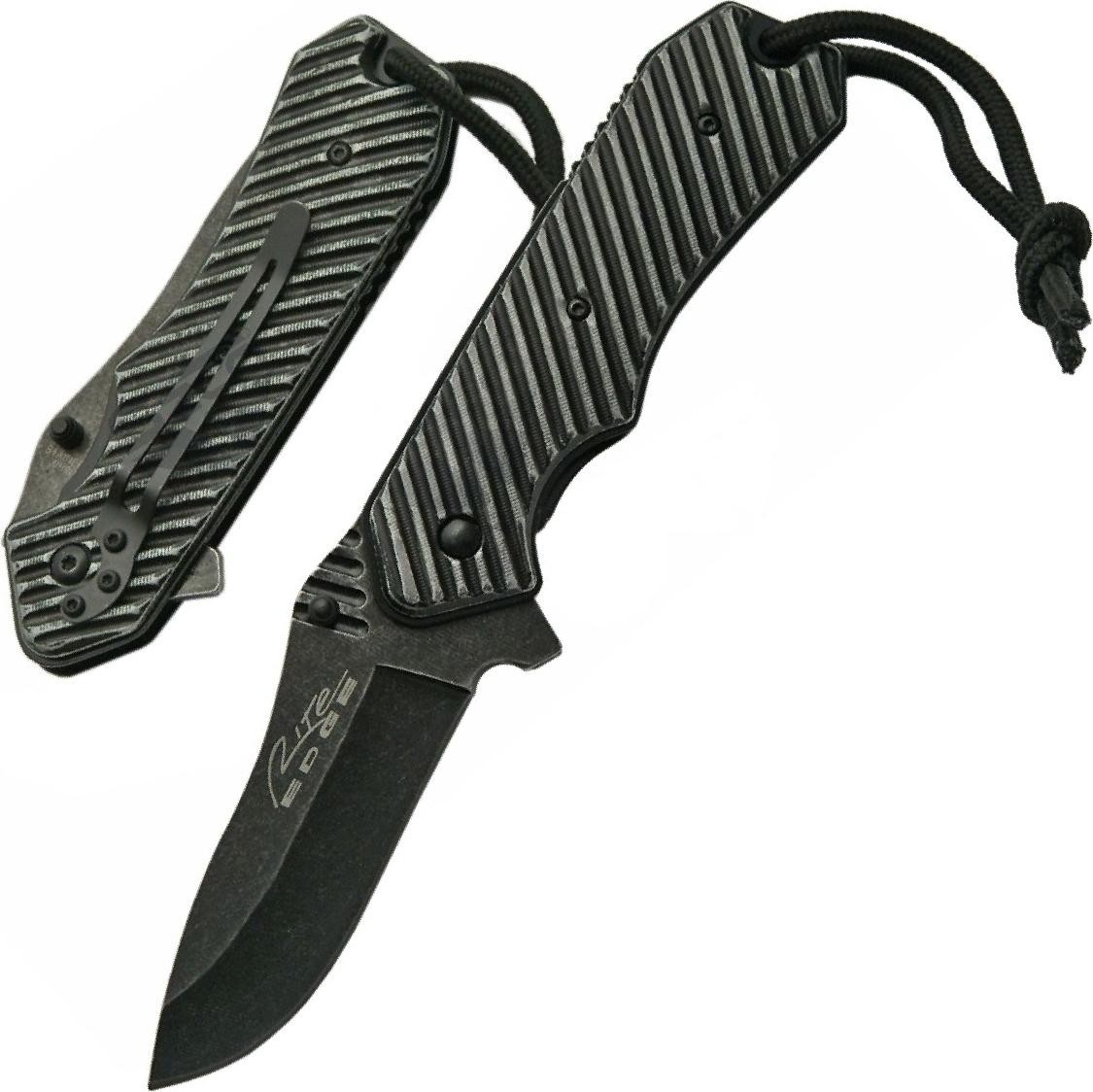 Spring-Assist Folding Pocket Knife | 3.75in Black Blade Aluminum Handle Lanyard