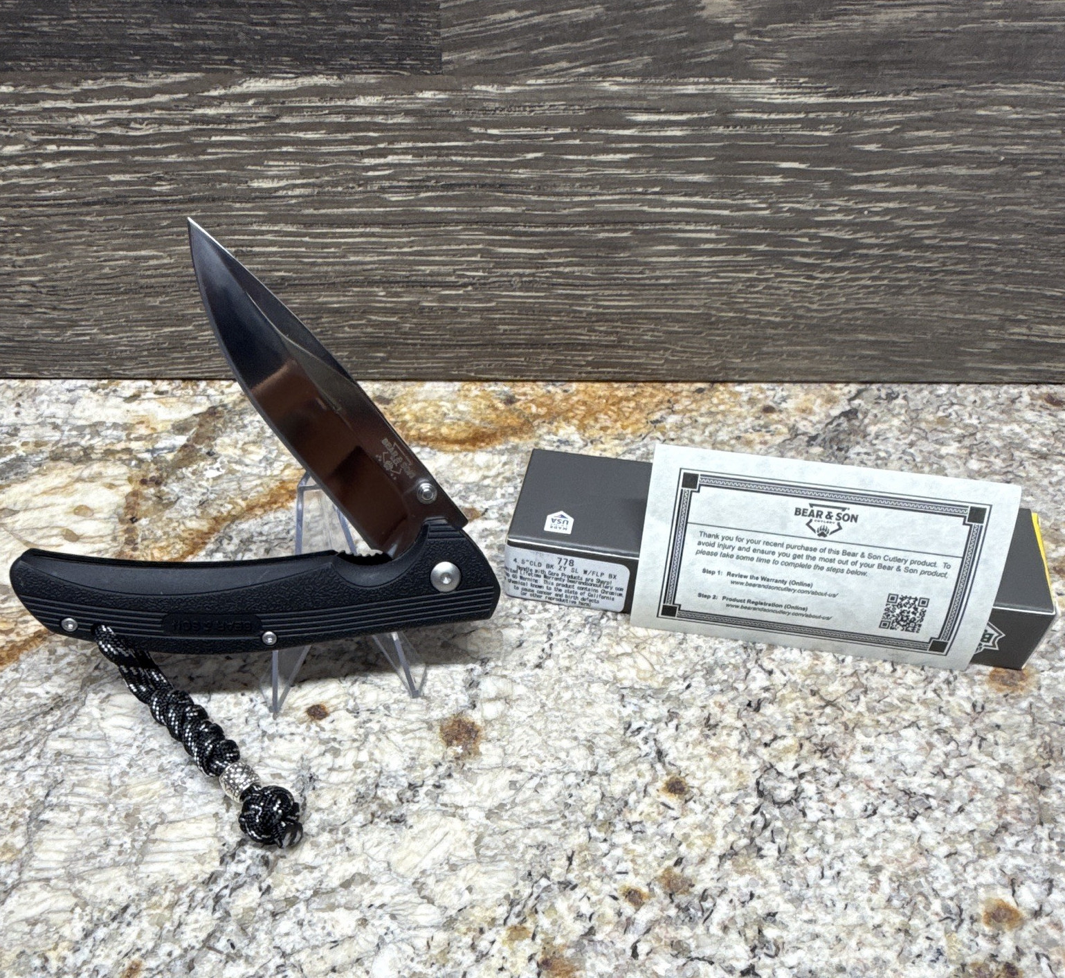 Bear & Son 778 Pocket Knife 4.5in Plain Stainless Blade Black Handle Clip