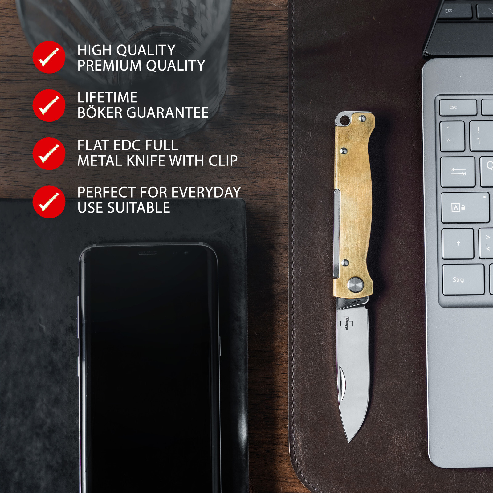 Boker Plus Atlas Brass Pocket Knife 2.76″ Blade 12C27 Slipjoint Folder – 01BO853