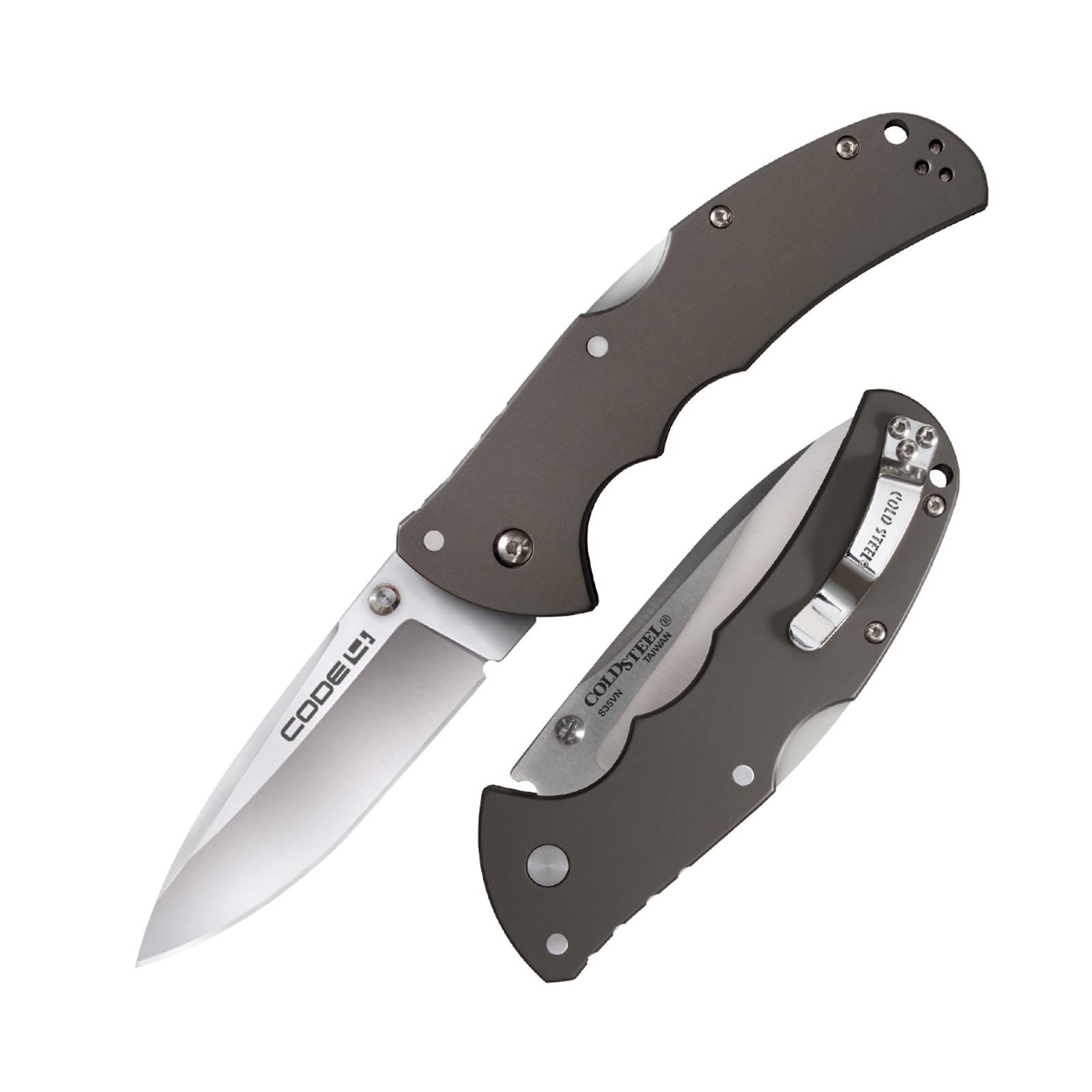 Code 4 3.5″ S35VN Razor-Sharp Spear Point Blade 5″ 6061 3.5″, Grey