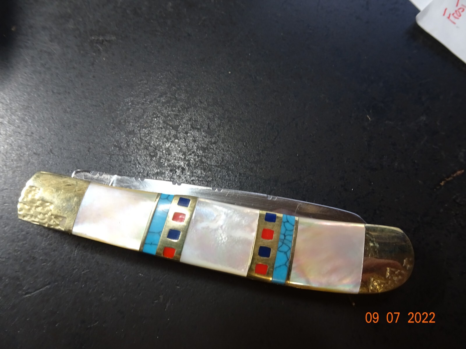 SILVER HORSE STONE WORKS POCKET KNIFE 2 BLADE 4 1/4″ TRAPPER DEEP SEA MOP BL TUR
