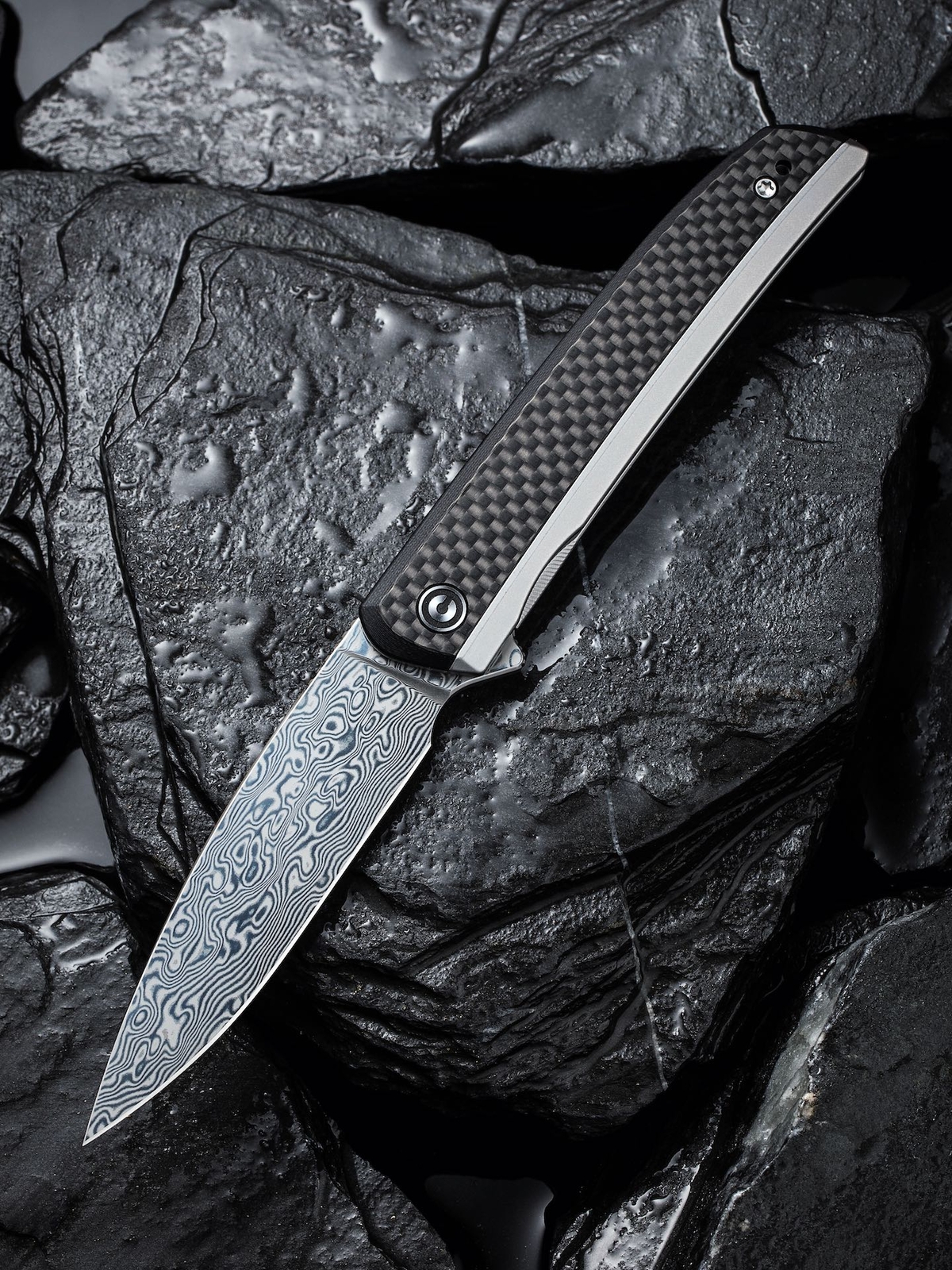 Civivi Savant Flipper Damascus Stainless Steel G10 Carbon Inlay Black