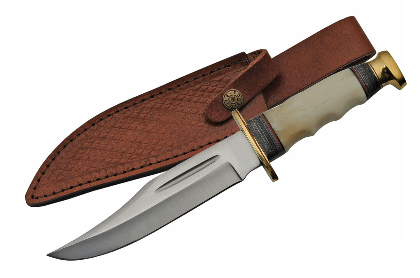 Bowie Knife | Rite Edge 6.25″ Blade White Bone Handle Hunter + Leather Sheath