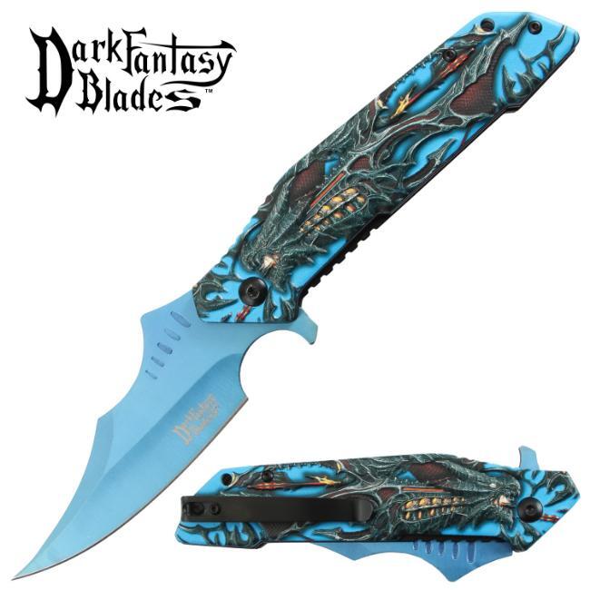 8.5″ DARK FANTASY BLADES DRAGON PRINTED SPRING ASSISTED FOLDING KNIFE BLUE
