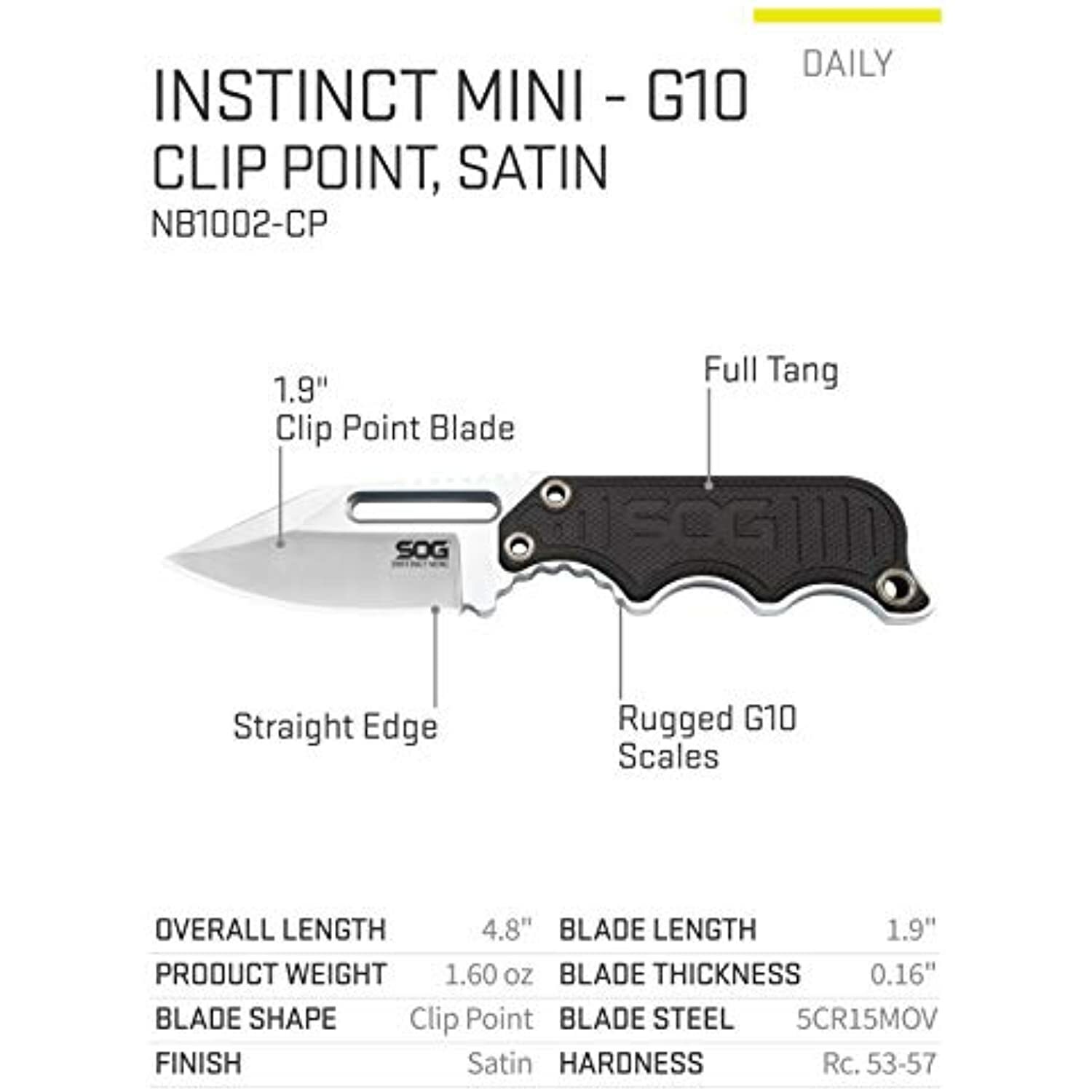 SOG Instinct Mini Small Fixed Blade Knife- 1.9 Inch Full Tang Adjustable Clip