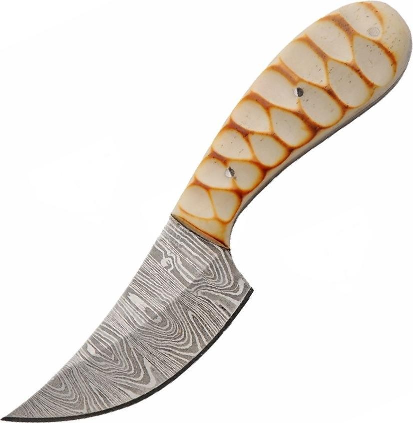 Hunting Knife 2.75in Damascus Steel Blade Bone Handle Full Tang + Leather Sheah