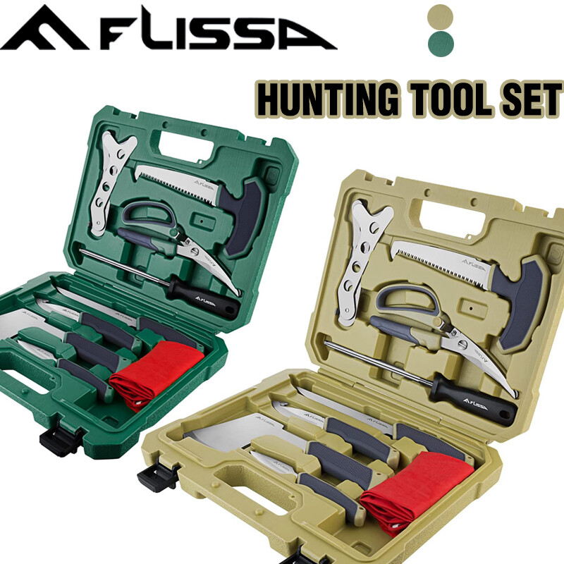 Flissa 10Pieces Hunting Field Dressing Kit Hunting Knife Set w/Case Brown/Green