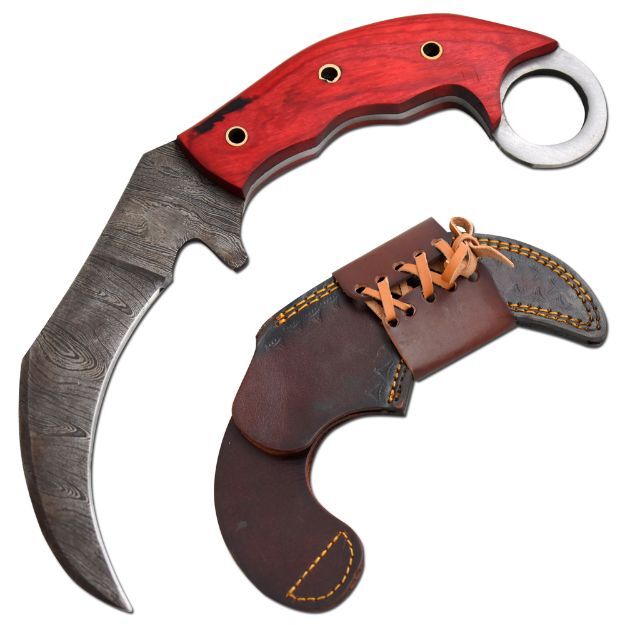 8.5″ Old Ram Damascus Steel Karambit Knife w/ 5″ Wood Handle & Leather Sheath
