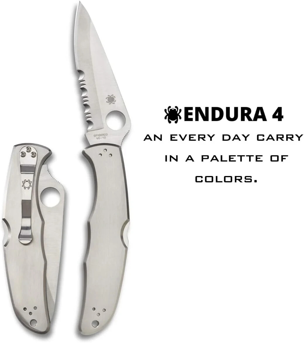 Spyderco Endura 4 Stainless Folding Knife with VG-10 Steel Blade w/ 2 Edge Types