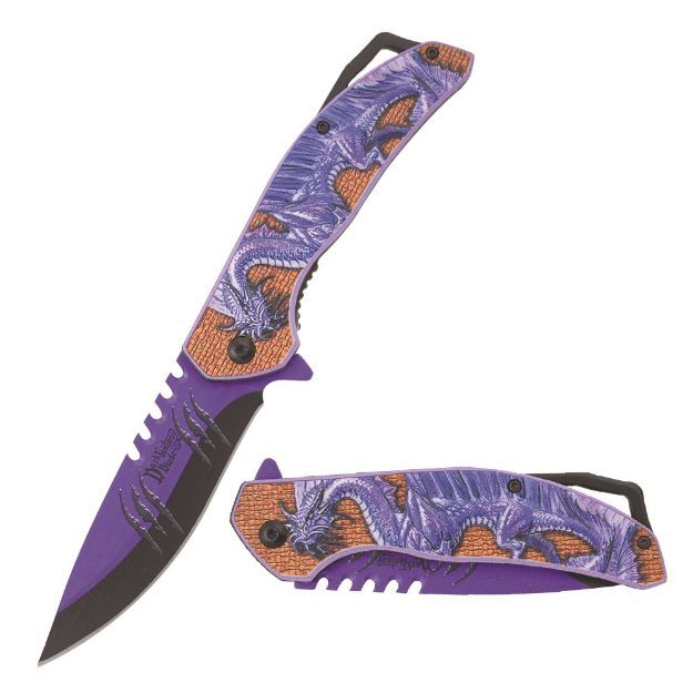 8.5″ DARK FANTASY BLADES DRAGON PRINTED SPRING ASSISTED FOLDING KNIFE PURPLE