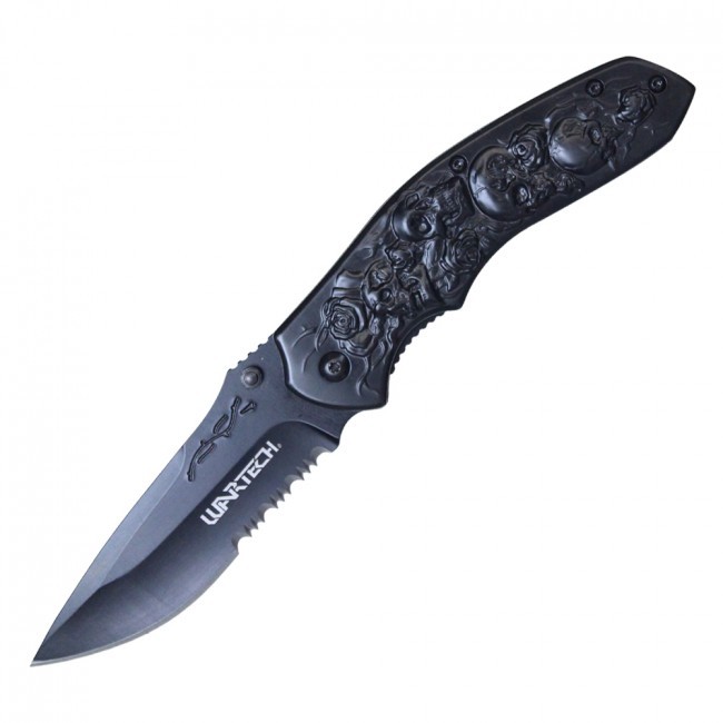 Spring-Assist Folding Knife | Wartech Serrated Black Blade Black Rose EDC