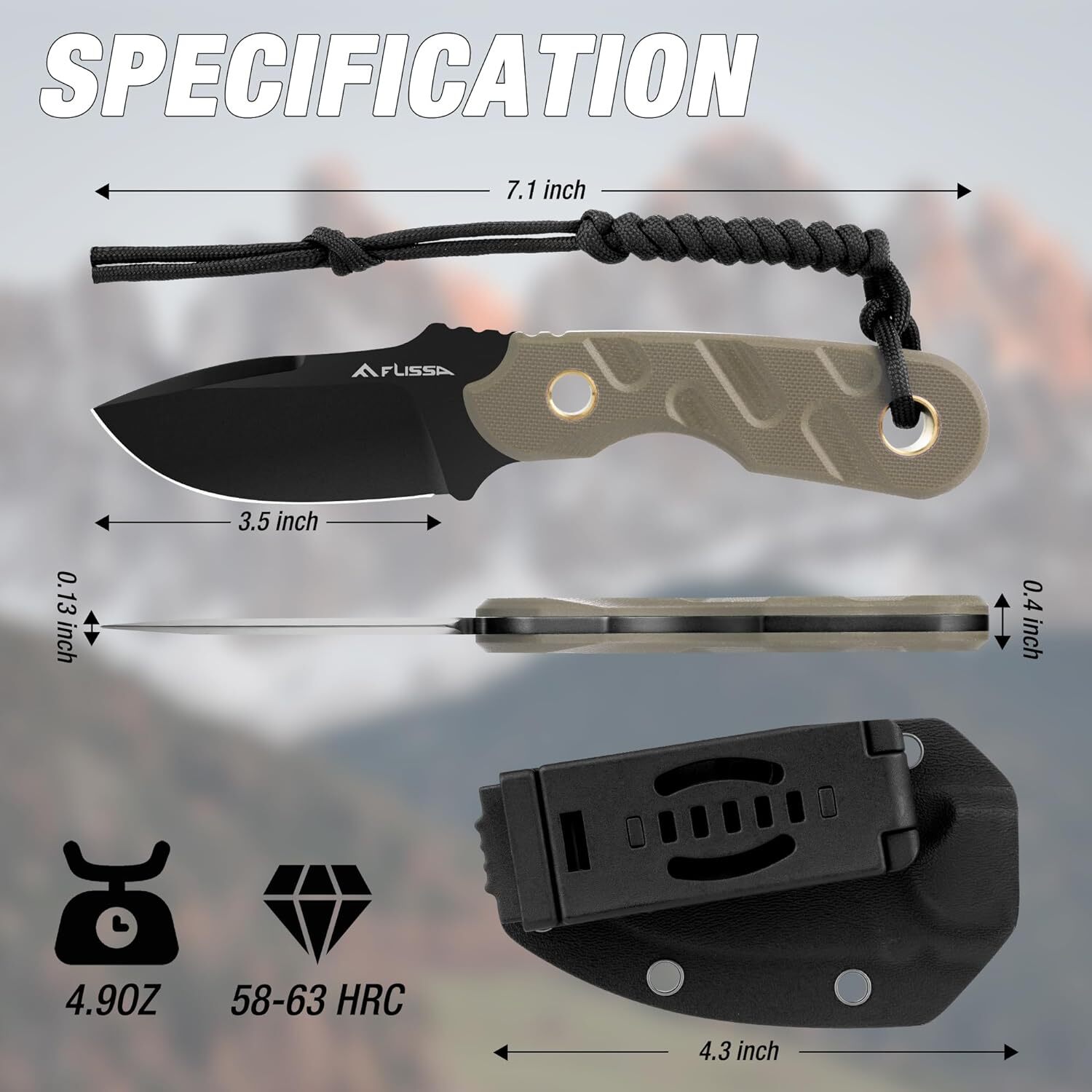 FLISSA 7″ Full Tang Hunting Knife Fixed Blade Knife with Kydex Sheath Multicolor