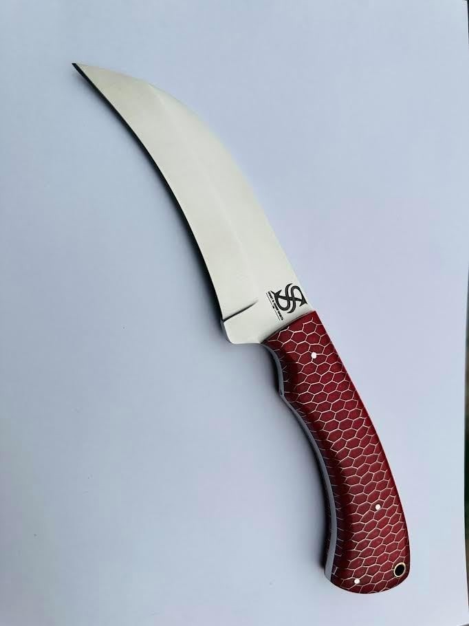 Red Honeycomb Stainless Steel Knife, Steel Bolster. D2 Stainless Steel Curved