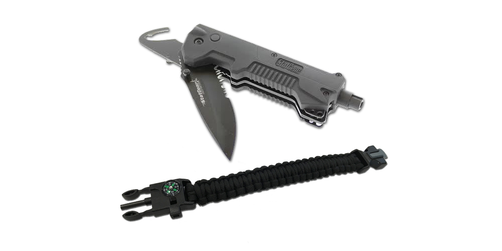 T3 Tactical Auto Rescue Tool Folding Knife & Firestarter Paracord Bracelet