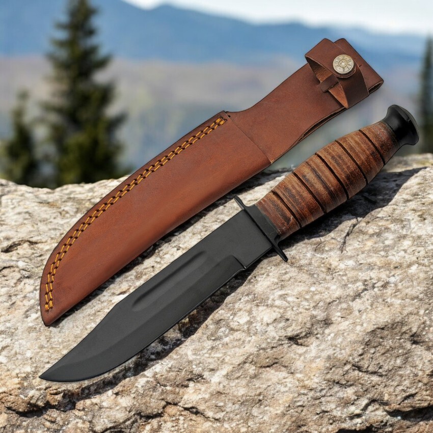 New Combat Knife Tactical Black Blade Stainless Steel Leather Handle + Sheath