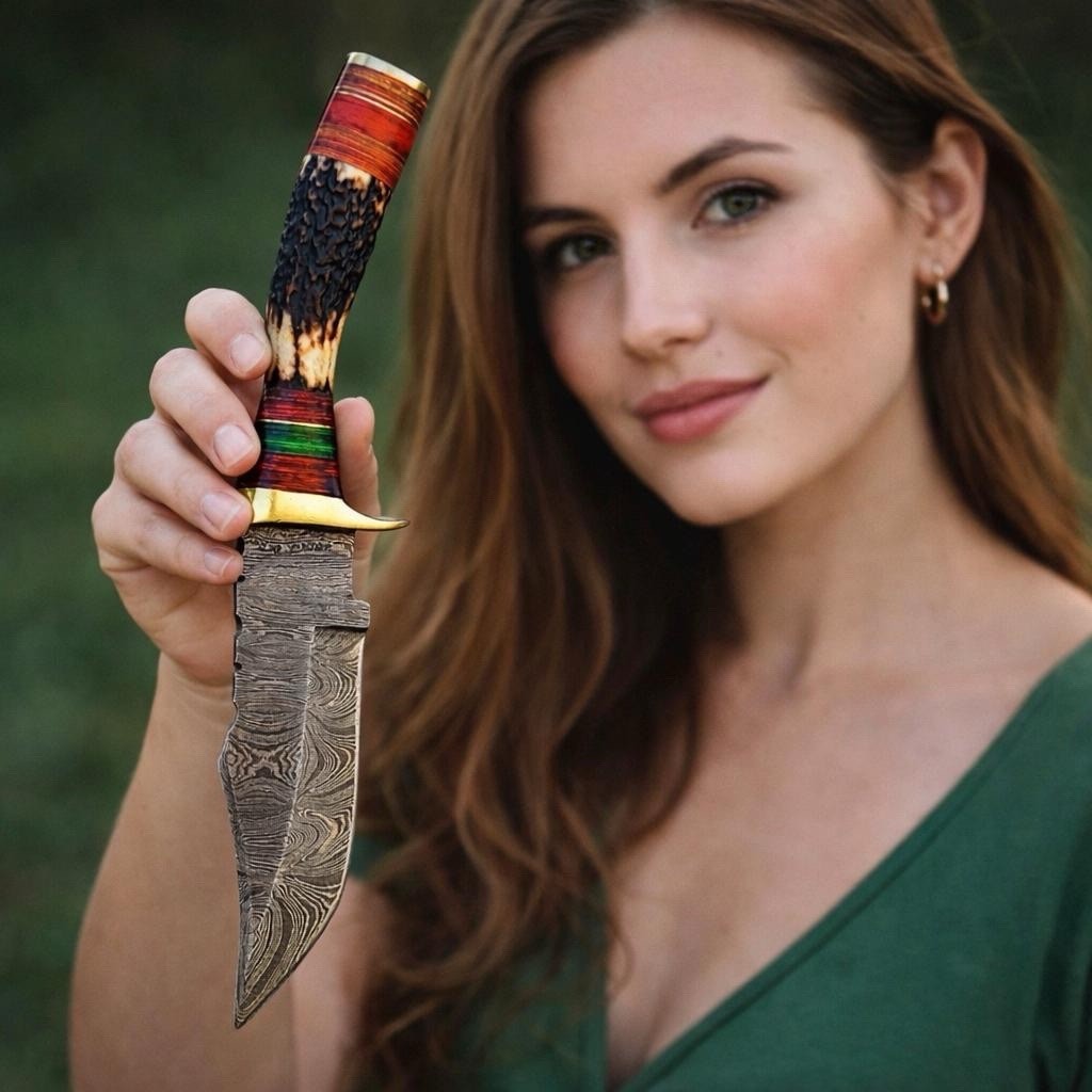 8”EDC Choice Handmade Damascus Steel Fix Blade Skinner Knife Outdoor Stag Antler