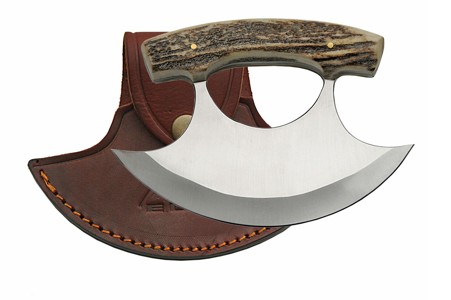 Hunting Knife | 5.5″ Ulu Knife Stag Handle Alaskan Inuit Eskimo + Leather Sheath