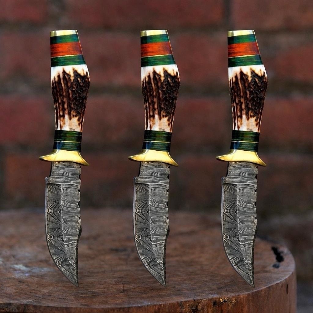 EDC Choice Handmade Damascus Fix Blade Skinner Knife Outdoor Stag Antler Handle