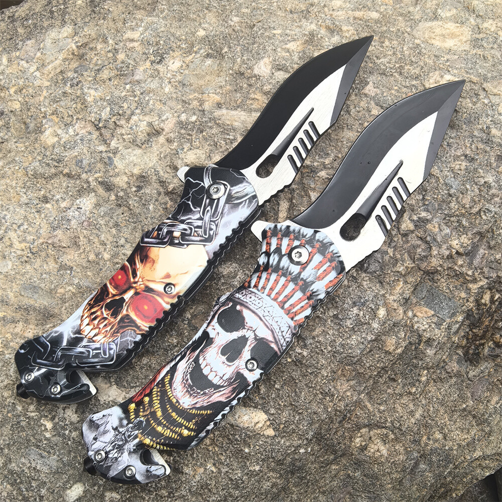 2 Counts Skull Spring Asistant Folding Pocket Knife Blade for Outdoor Camping