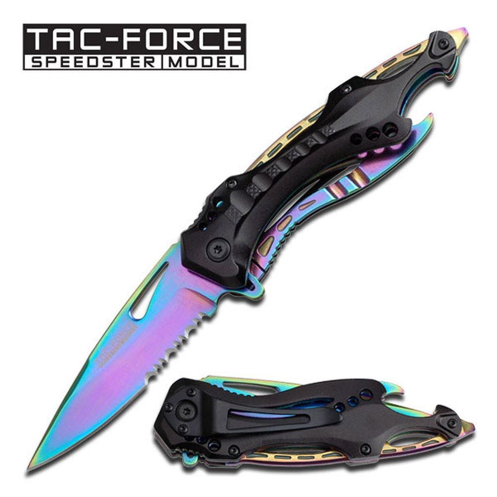 NEW Spring-Assist Folding Knife Tac-Force Serrated Blade Rainbow Black Survival