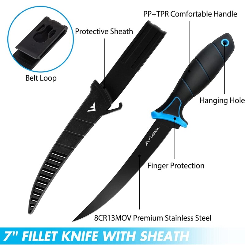FLISSA 6-in Fillet Knife Bait Knife Fishing Knife Belt Clip Lanyard Hole Sheath