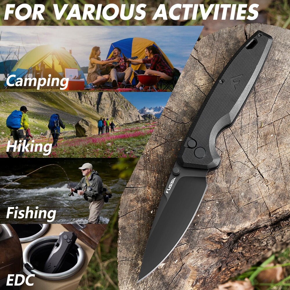 FLISSA Folding Pocket Knife 3.3-inch D2 Blade G10 Handle Knife with Button Lock