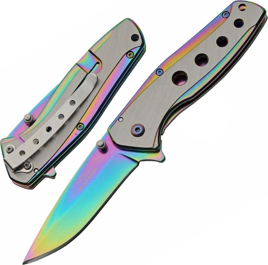 Spring-Assist Pocket Knife | Stainless Steel Folding 3.25in Blade Rainbow EDC