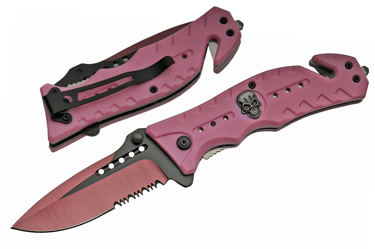Spring-Assist Folding Knife | Black Pink Skull Rite Edge Serrated Blade EDC