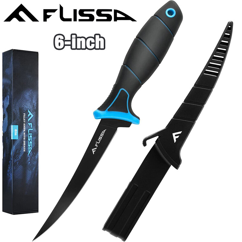 FLISSA 6″ Fillet Knife Bait Knife Belt Clip Non-Slip Handle Lanyard Hole Sheath