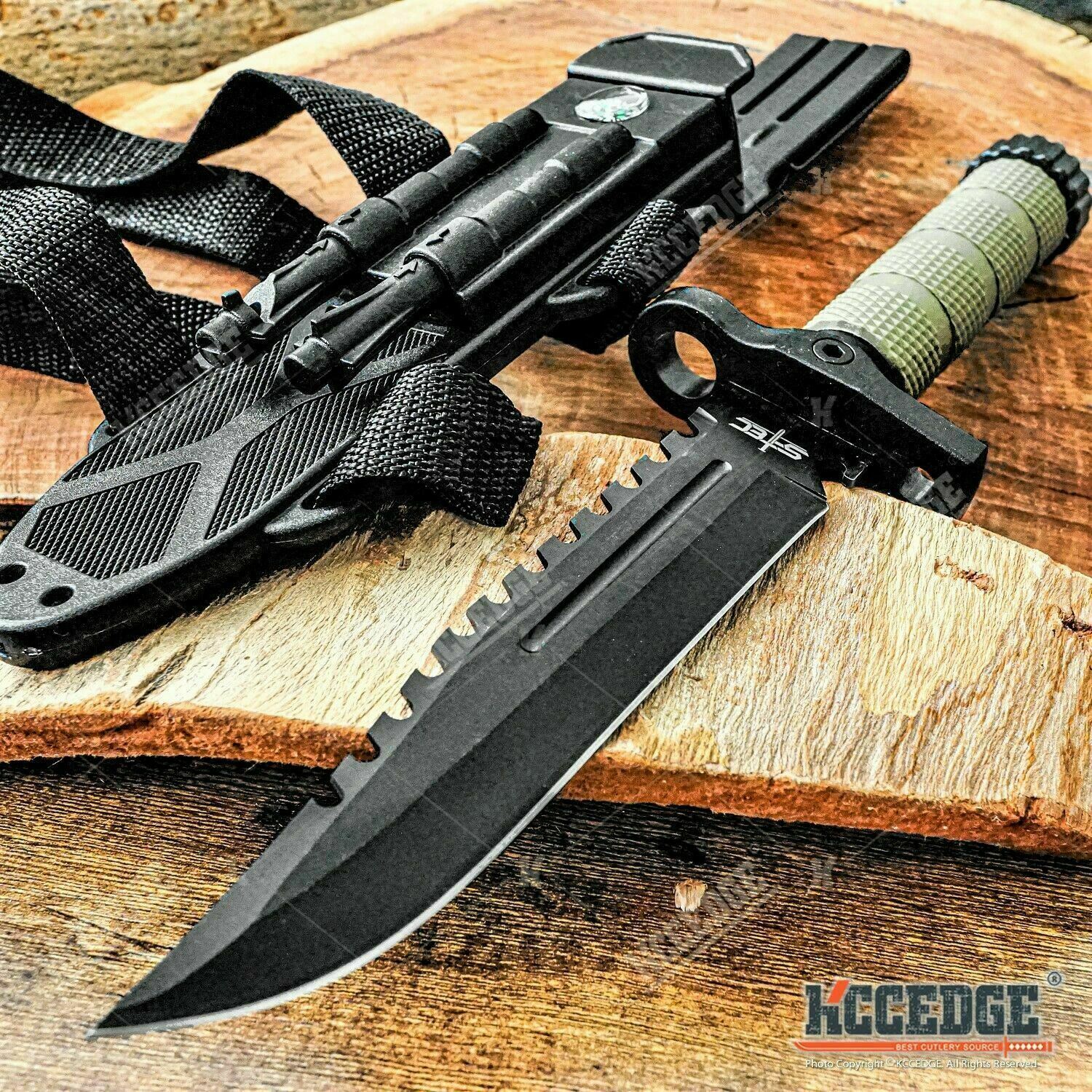 13.75″ Survival Knife Full Kit Sharpener Fire Starter Compass Fixed Blade Knife
