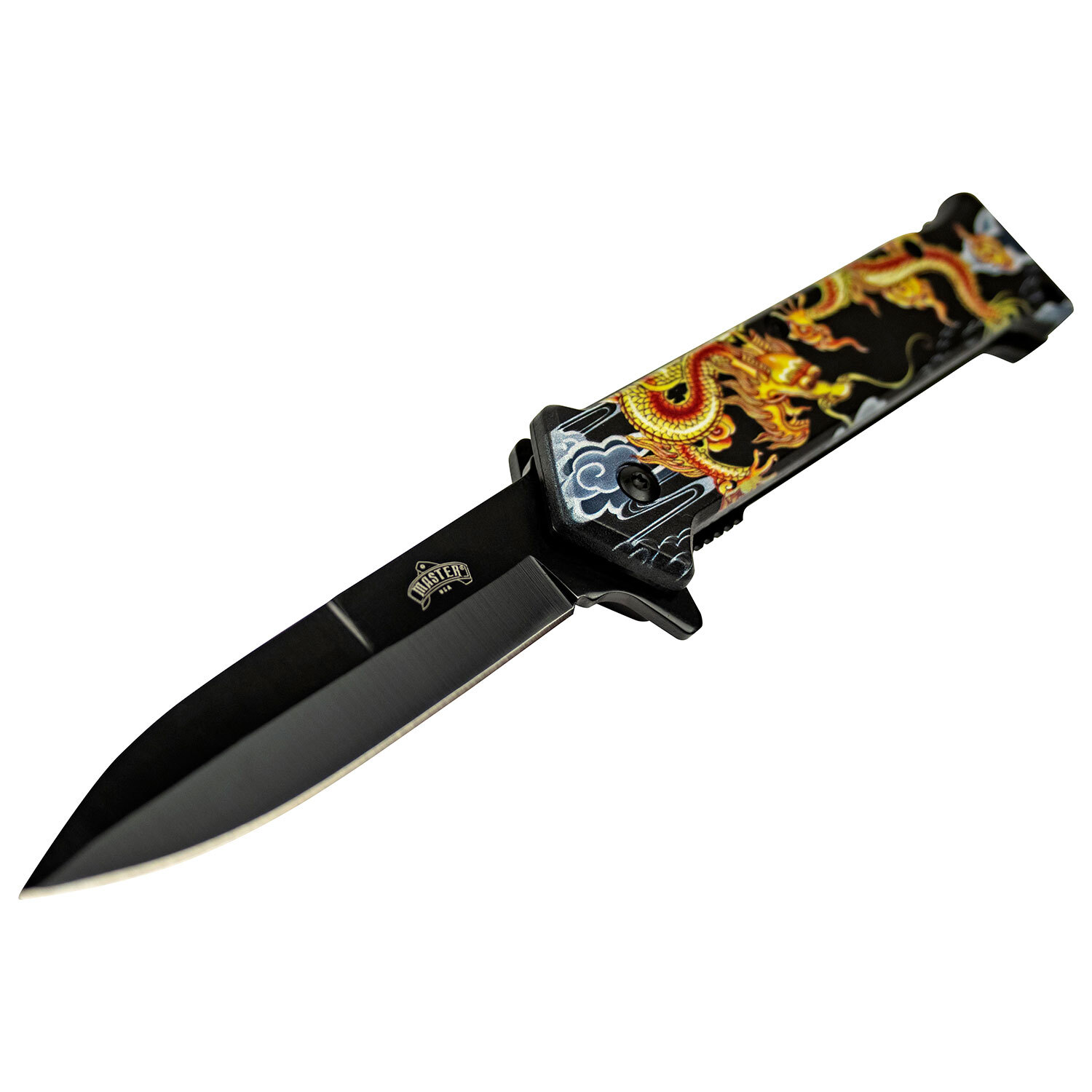 Spring-Assist Folding Knife 3.75in Black Blade Gold Dragon Stiletto Tactical EDC