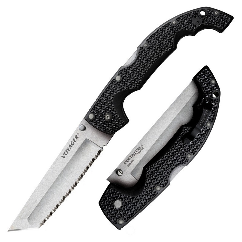 Voyager XL Knife 5.50″ AUS10A Tanto Blade, Black Griv-Ex™ Handle – Serrated Edge