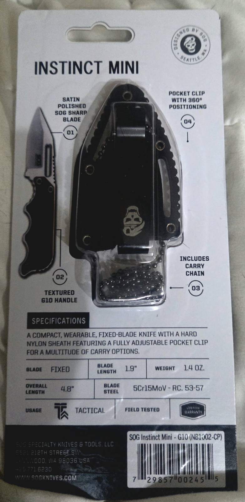 SOG NB1002-CP Instinct Mini Neck Knife 1.9″ Satin Plain Blade, G10 Handles