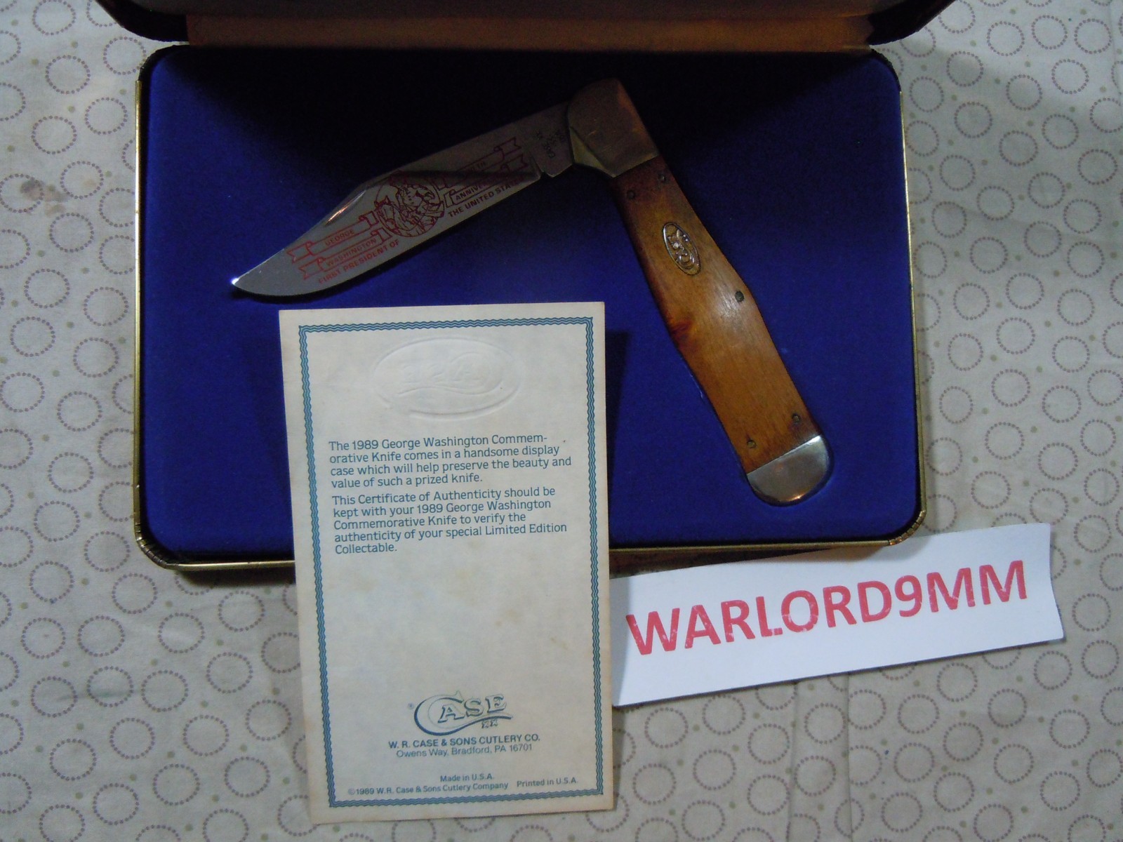 CASE XX 1989 CCH1050 GEORGE WASHINGTON KNIFE SET WITH STORAGE CASE.
