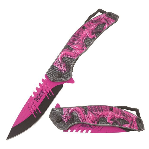 8.5″ DARK FANTASY BLADES DRAGON PRINTED SPRING ASSISTED FOLDING KNIFE PINK