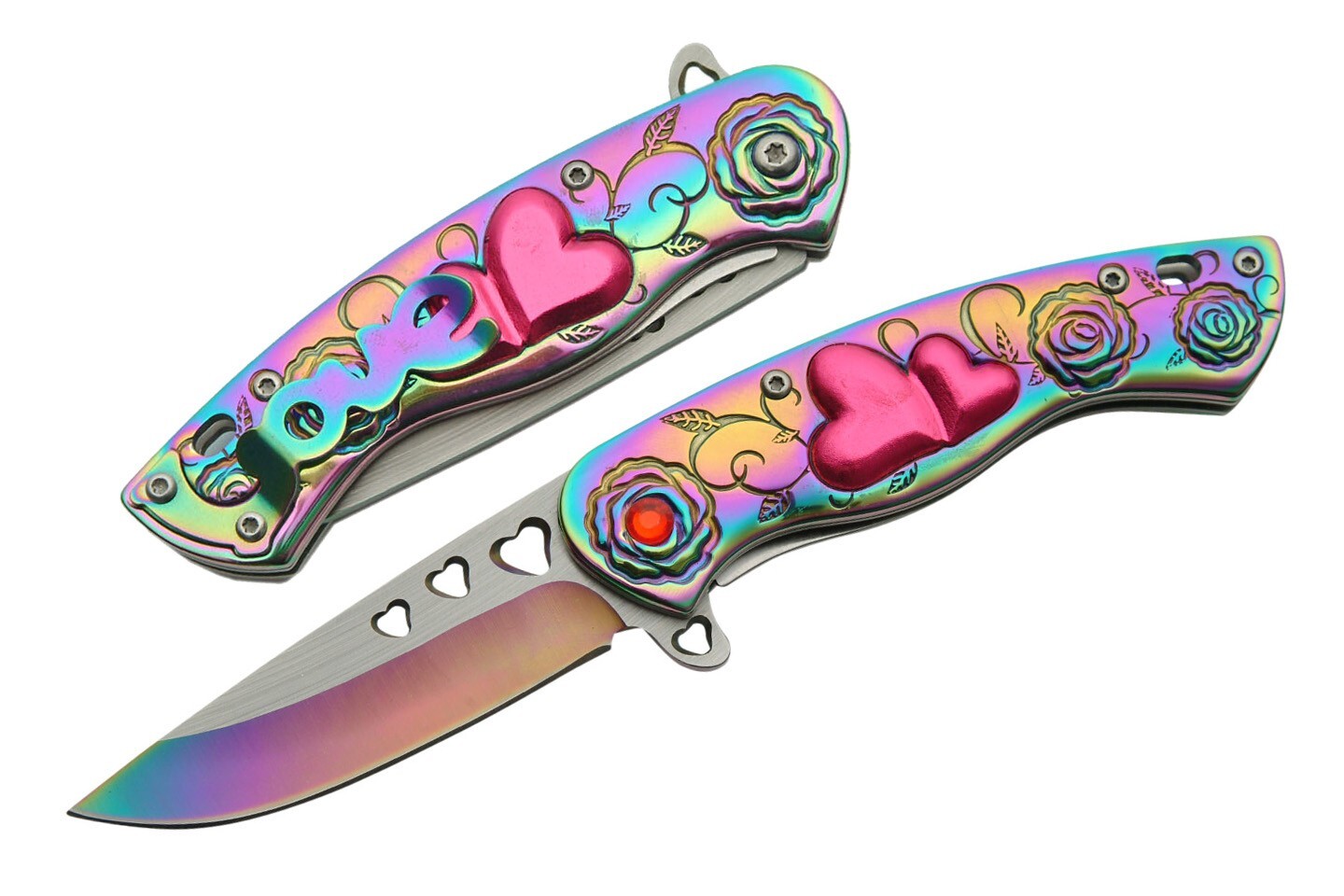 SPRING-ASSIST FOLDING KNIFE | Pink Heart Rainbow Rose Love Women Girl Blade