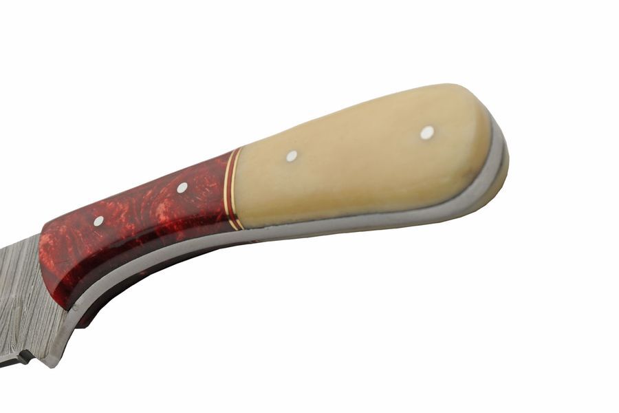 Fixed-Blade Hunting Knife Damascus Steel 3.75in Blade Bone/Red Full Tang Sheath