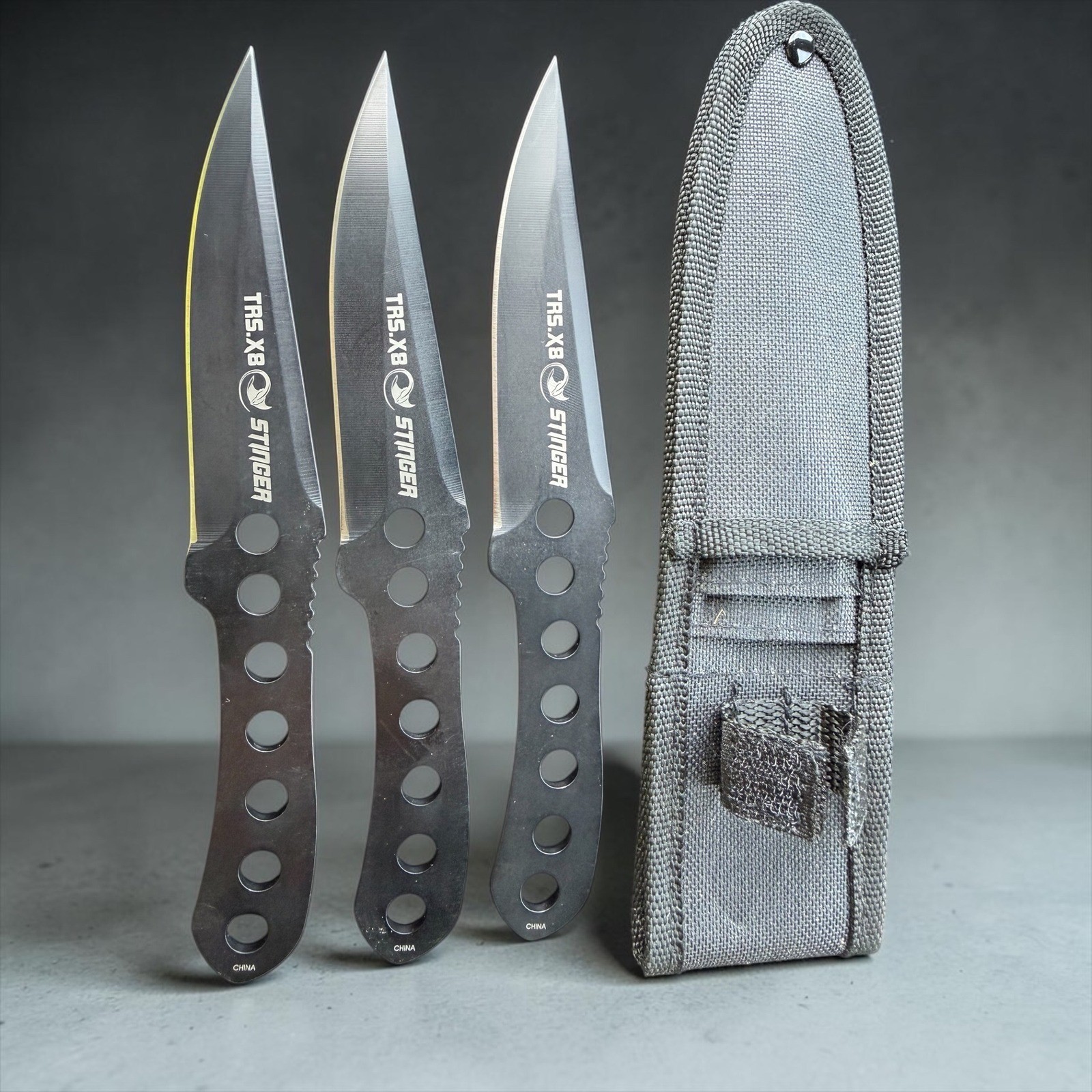 TRS.X8 Stinger Black 3 Pc Full Tang Fixed Blade Knife Set Sheath
